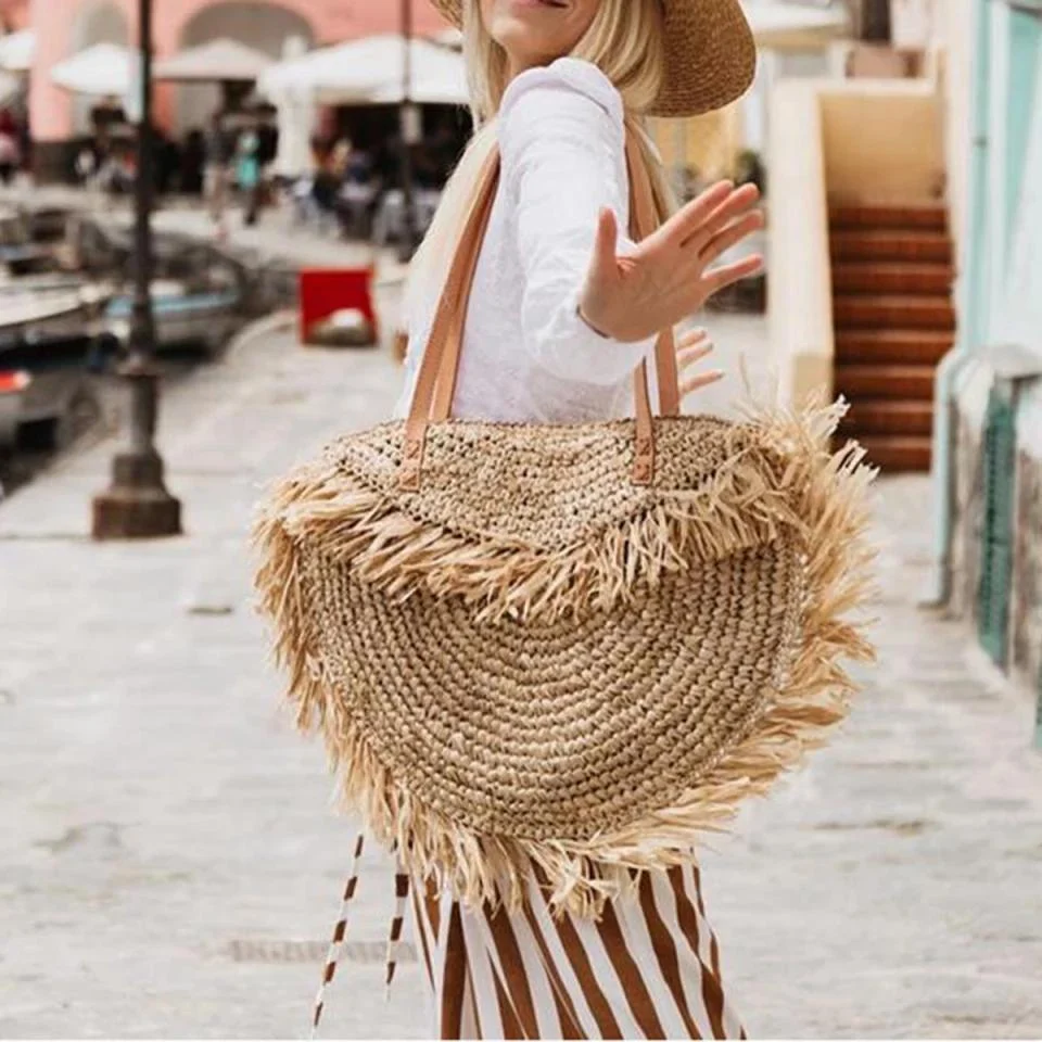 Oversized Bohemian Round Straw Bag - Glova