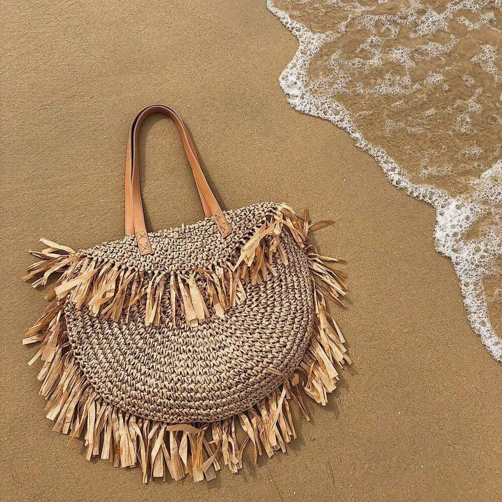 Oversized Bohemian Round Straw Bag - Glova