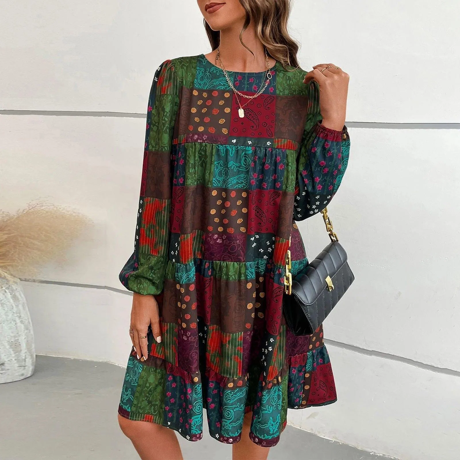 Paisley Print Long Sleeve Dress - Glova