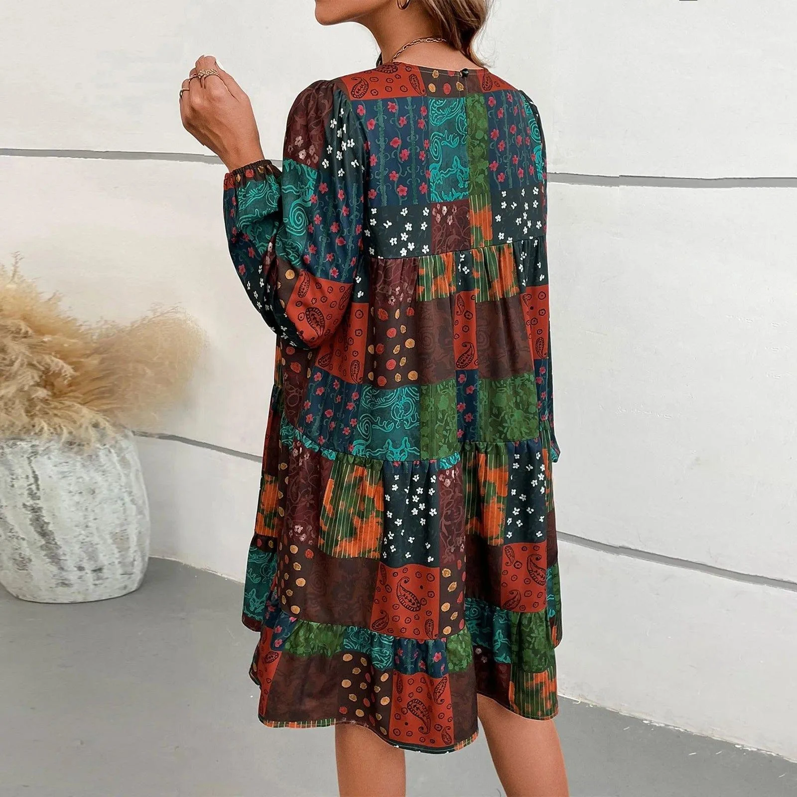 Paisley Print Long Sleeve Dress - Glova