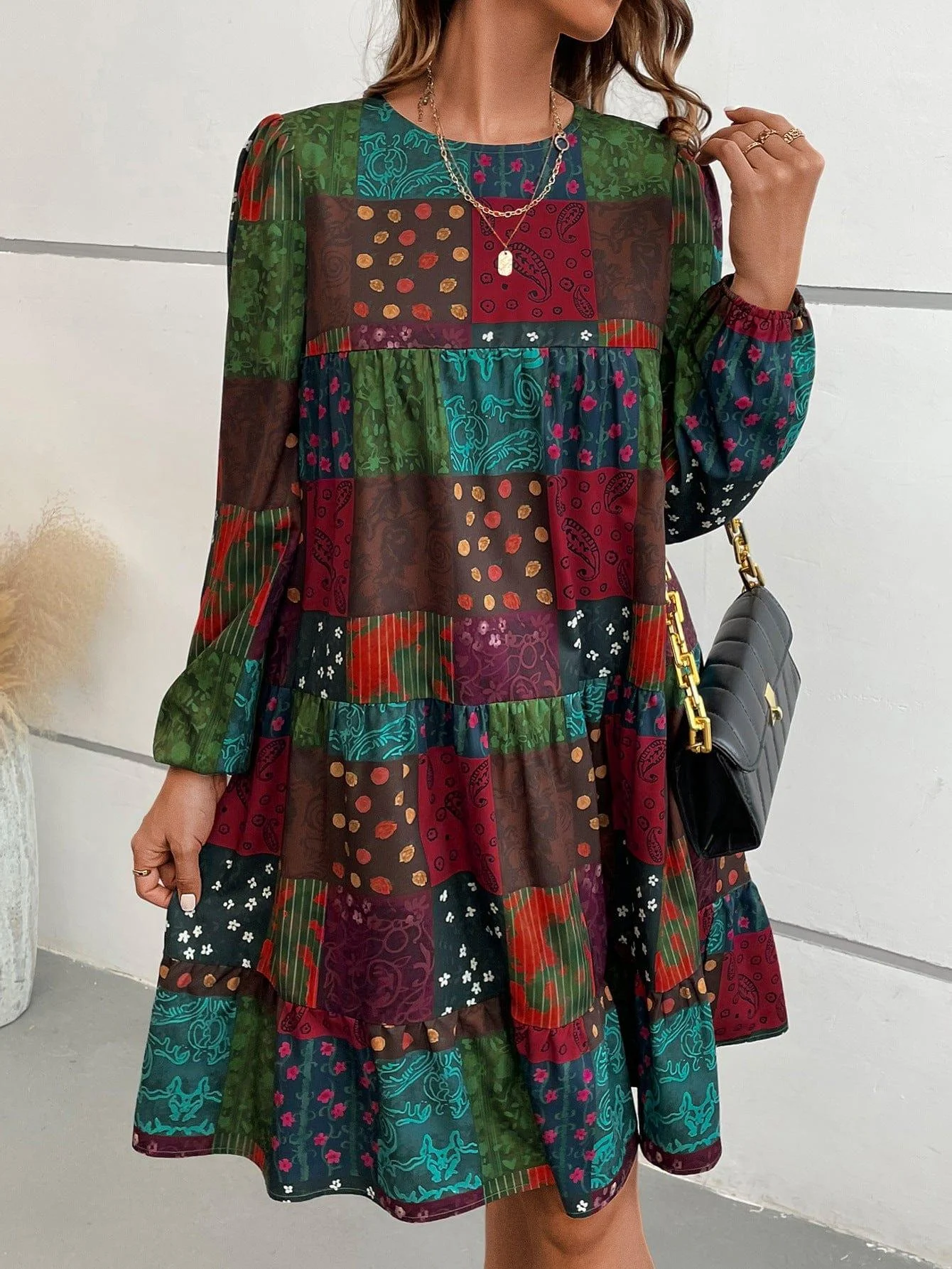 Paisley Print Long Sleeve Dress - Glova