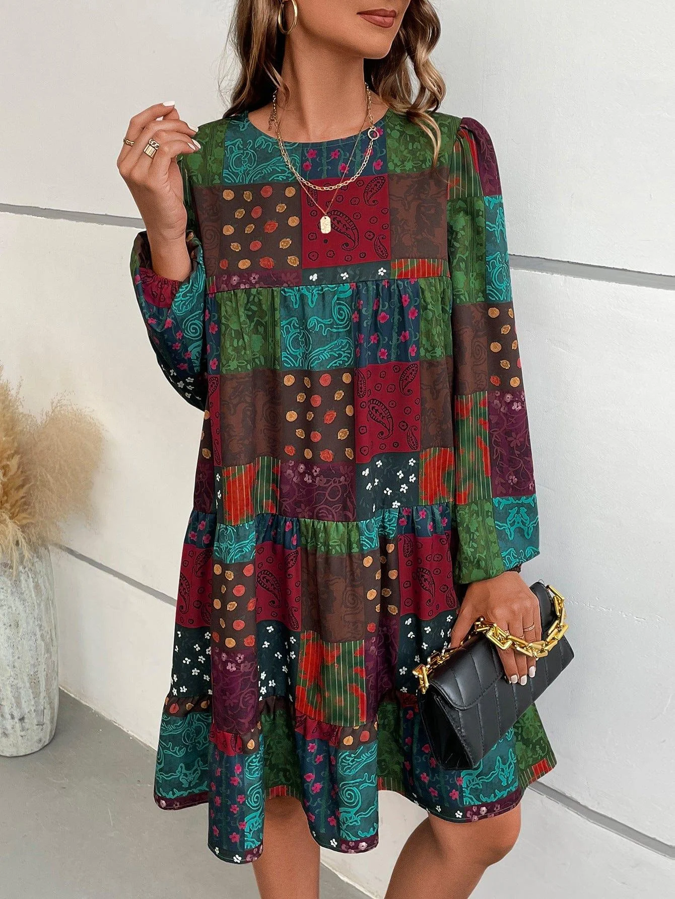 Paisley Print Long Sleeve Dress - Glova