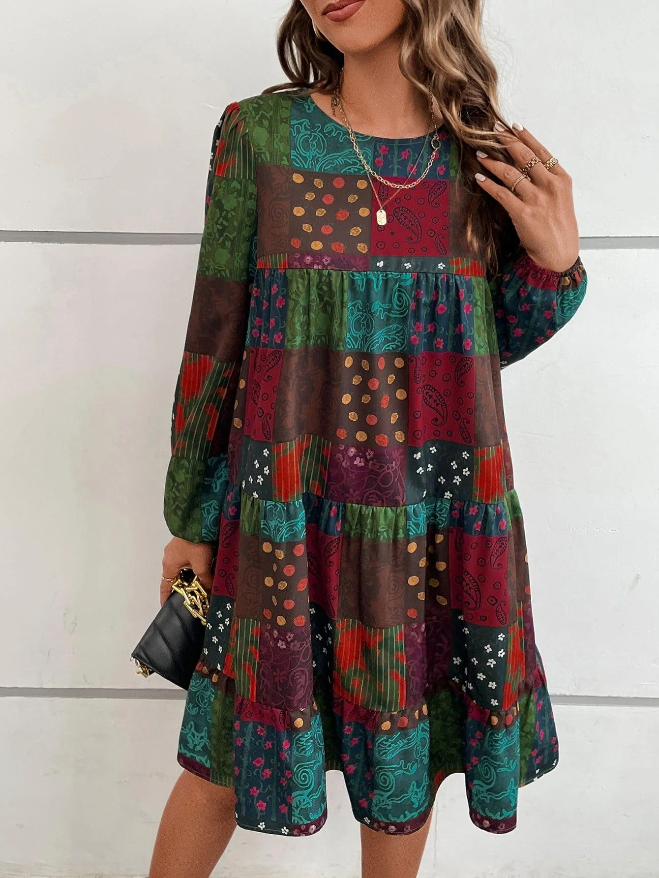 Paisley Print Long Sleeve Dress - Glova