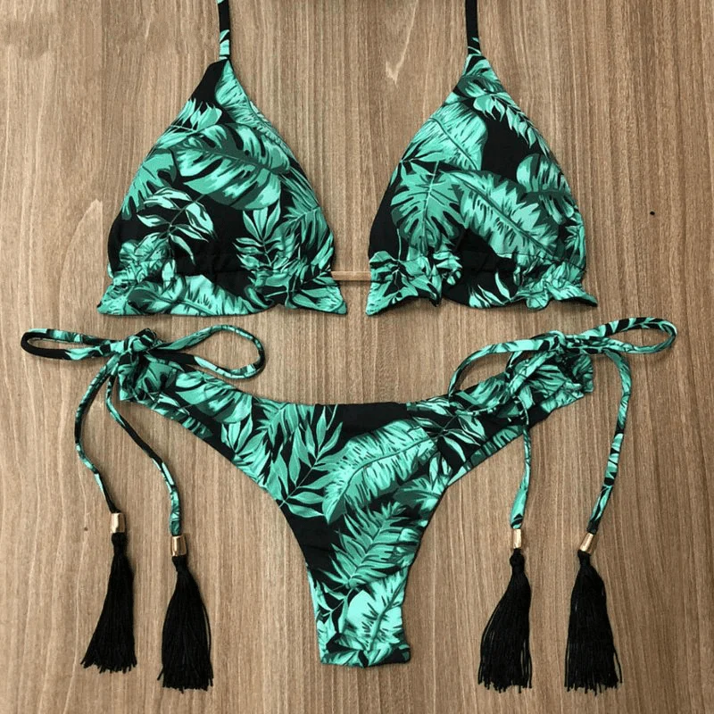 Palm Leaf Print Tassel Bikini Set - Glova