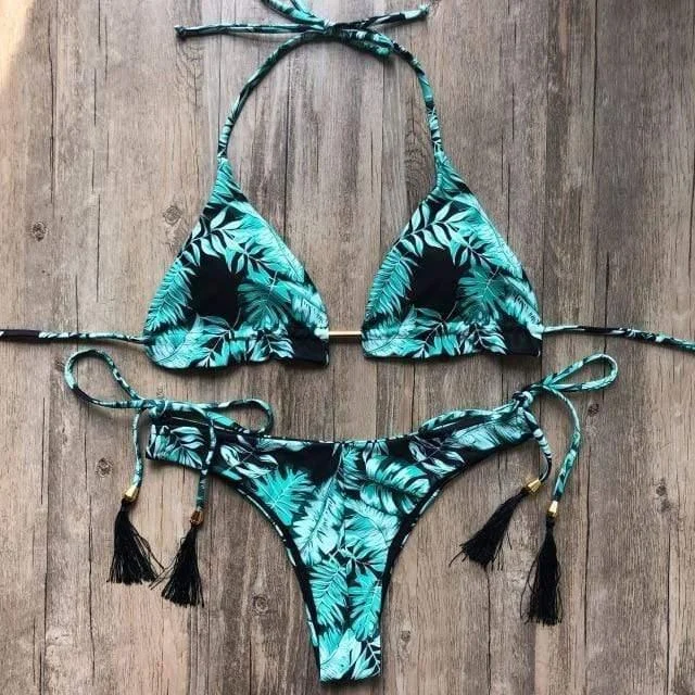 Palm Leaf Print Tassel Bikini Set - Glova