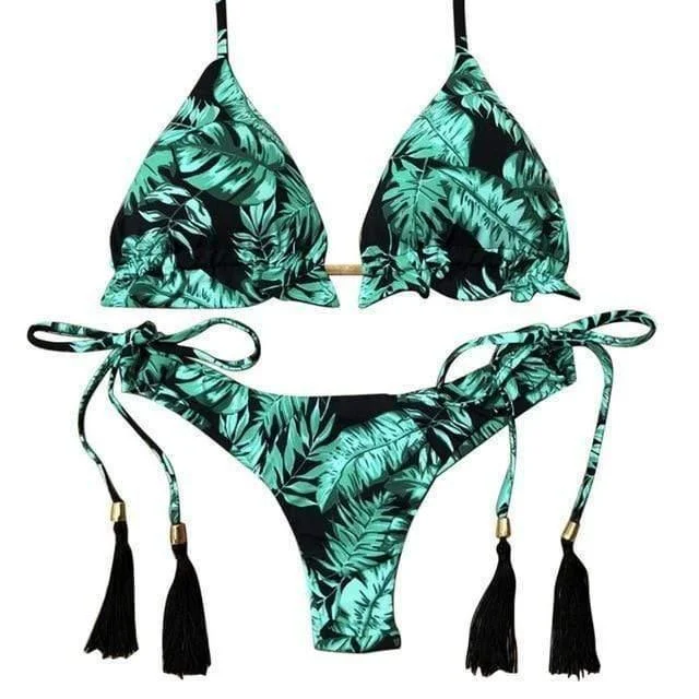 Palm Leaf Print Tassel Bikini Set - Glova