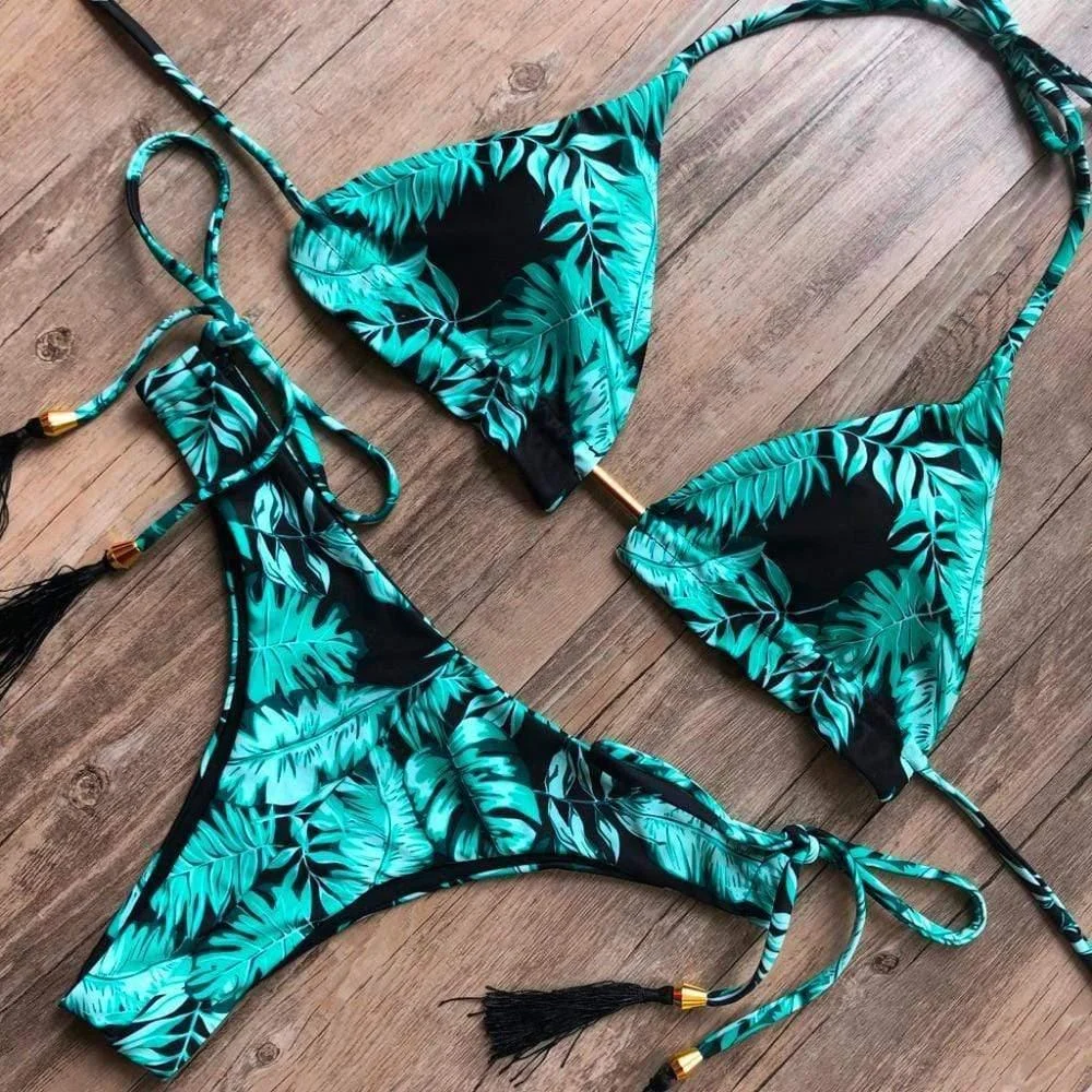 Palm Leaf Print Tassel Bikini Set - Glova