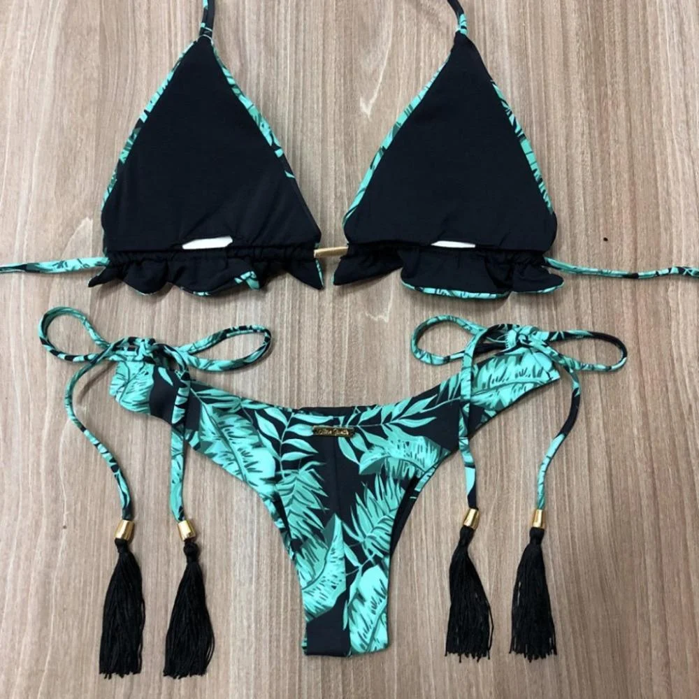 Palm Leaf Print Tassel Bikini Set - Glova