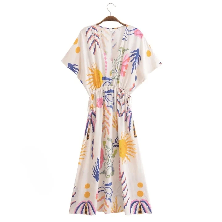 Palm Print Bat wing Sleeve Maxi Dress - Glova