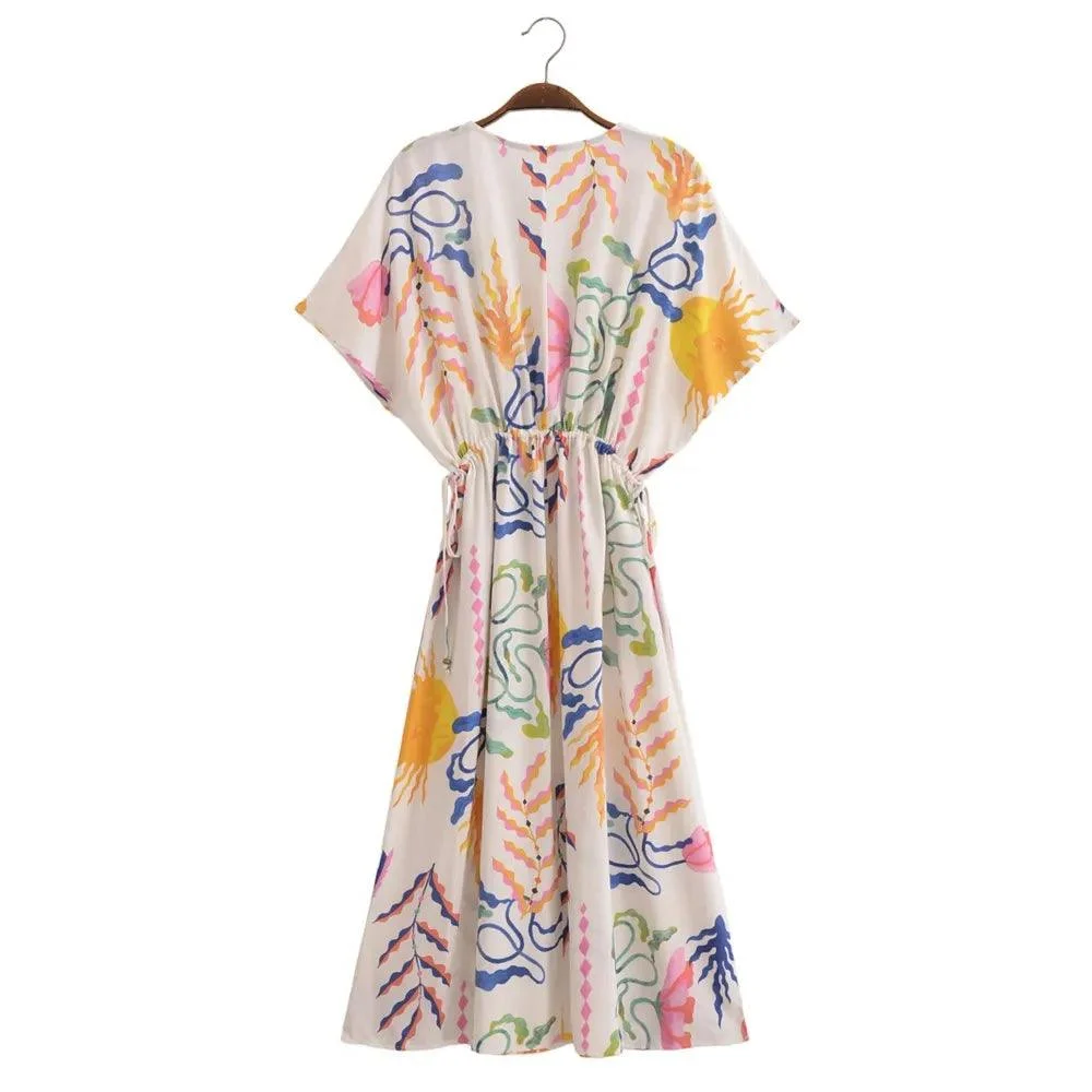 Palm Print Bat wing Sleeve Maxi Dress - Glova