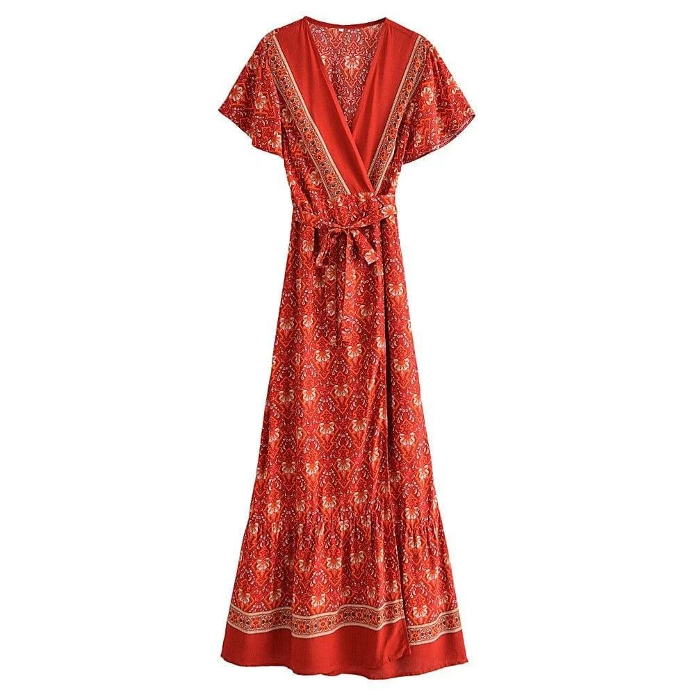 Pandora Red Vintage Floral Wrap Maxi Dress - Glova