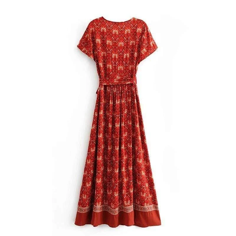 Pandora Red Vintage Floral Wrap Maxi Dress - Glova