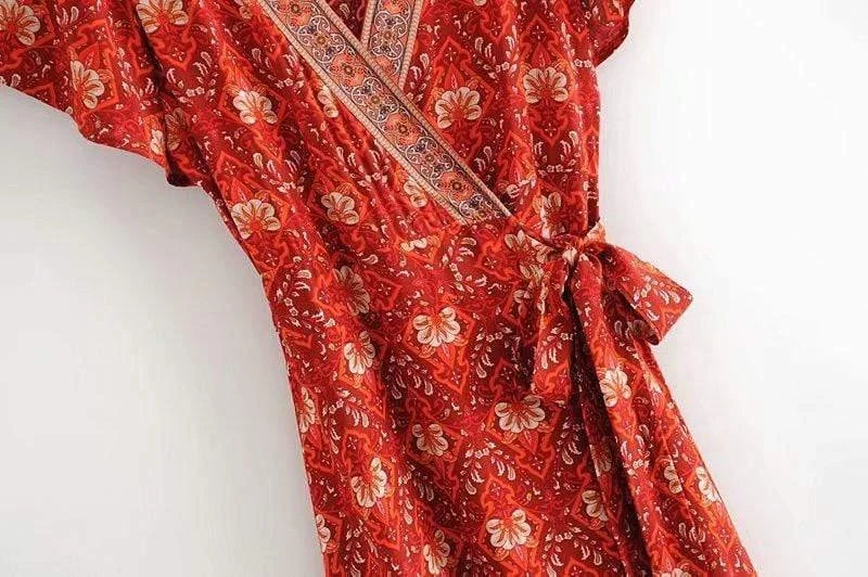 Pandora Red Vintage Floral Wrap Maxi Dress - Glova