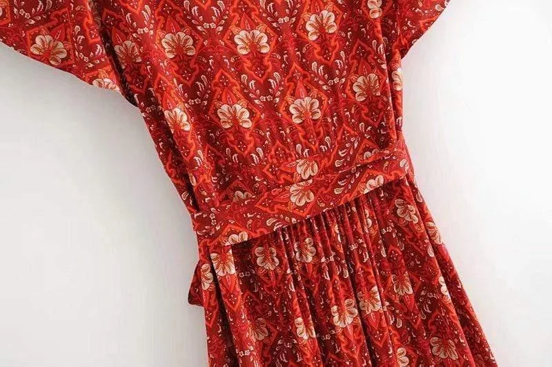 Pandora Red Vintage Floral Wrap Maxi Dress - Glova