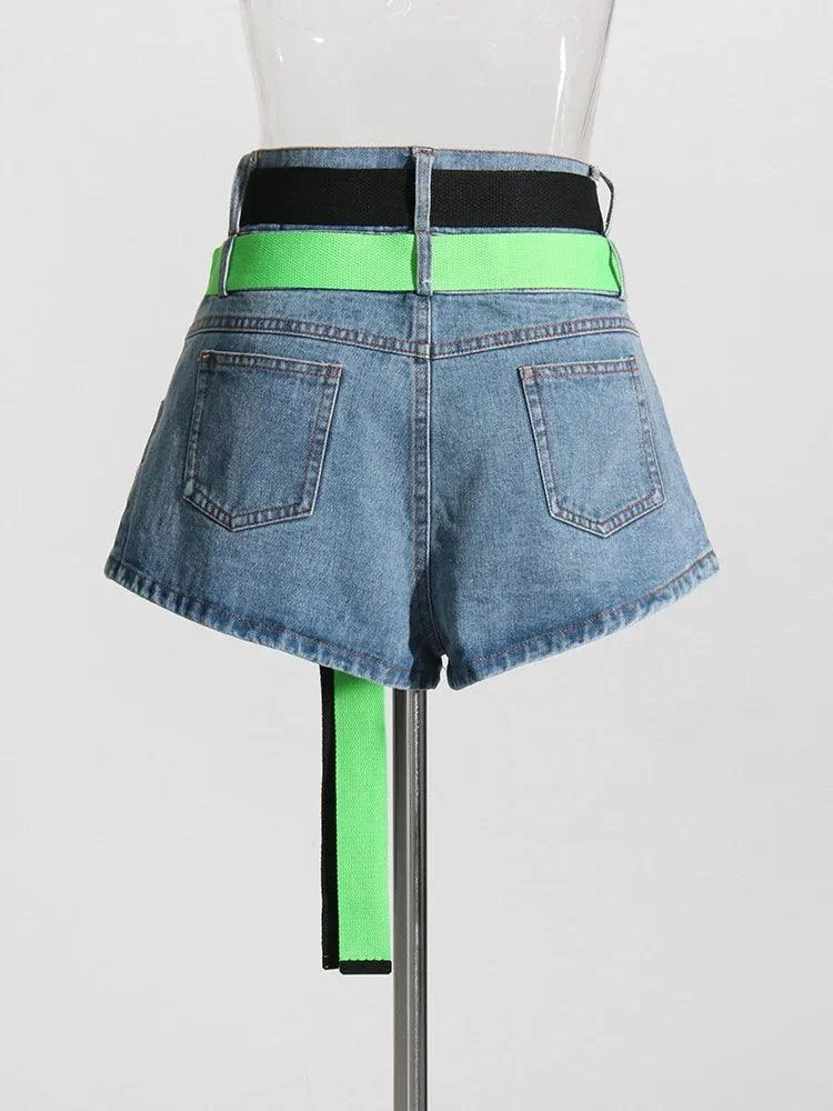 Paola Colorblock Double Belted Denim Shorts - Glova