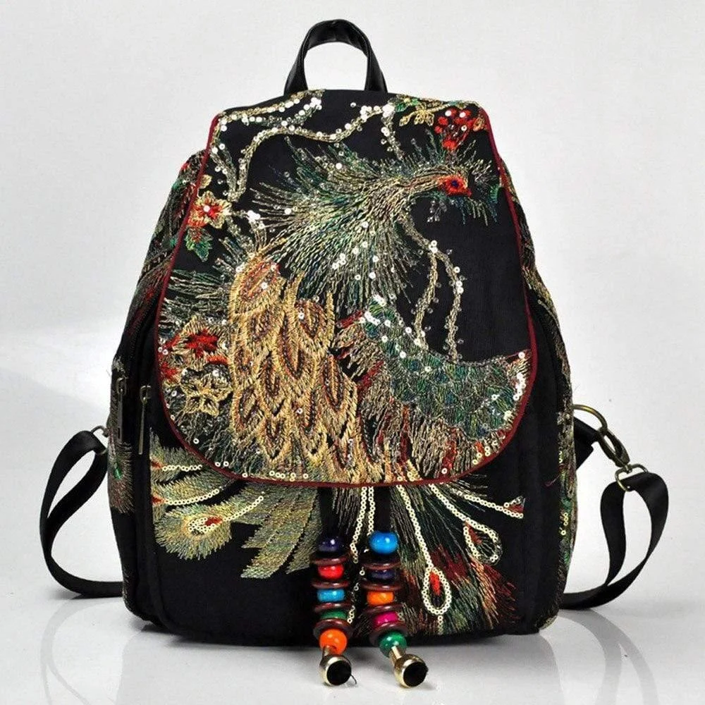 Peacock Embroidered Ethnic Style Backpack - Glova