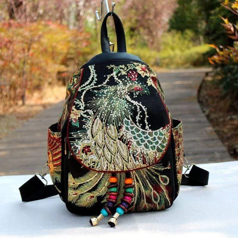 Peacock Embroidered Ethnic Style Backpack - Glova