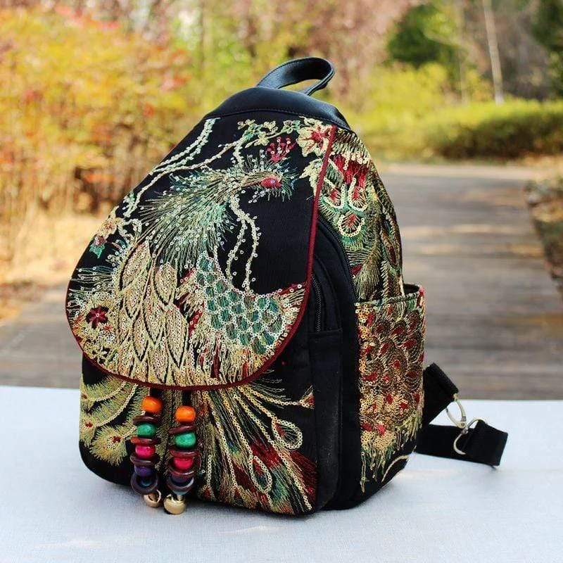 Peacock Embroidered Ethnic Style Backpack - Glova