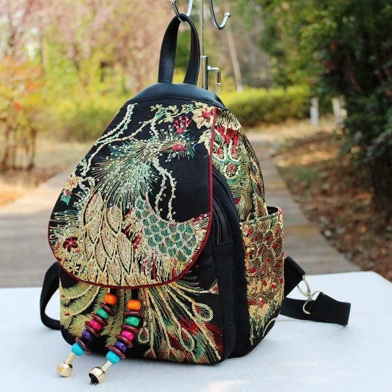 Peacock Embroidered Ethnic Style Backpack - Glova