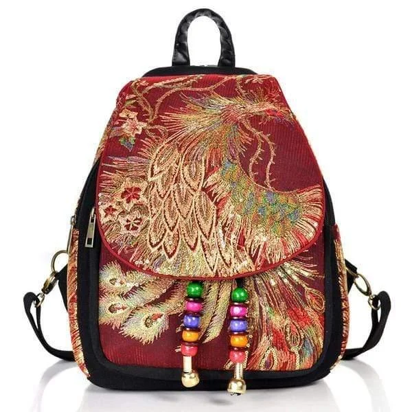 Peacock Embroidered Ethnic Style Backpack - Glova