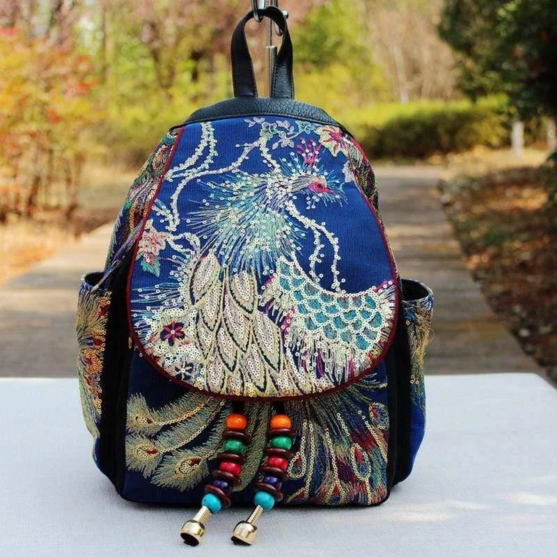 Peacock Embroidered Ethnic Style Backpack - Glova