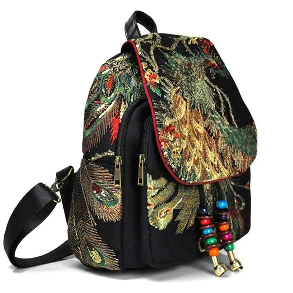 Peacock Embroidered Ethnic Style Backpack - Glova