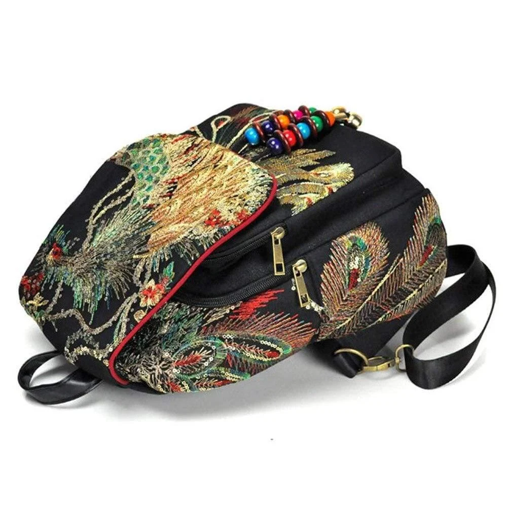 Peacock Embroidered Ethnic Style Backpack - Glova