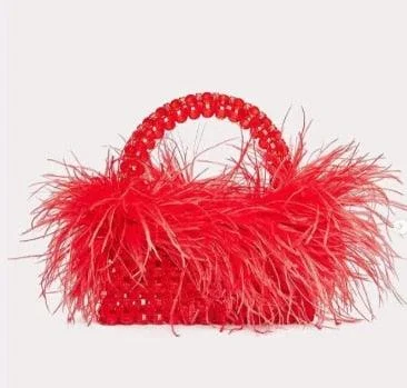 Pearl Bead Feather Fur Clear Acrylic Crystal Handbag - Glova