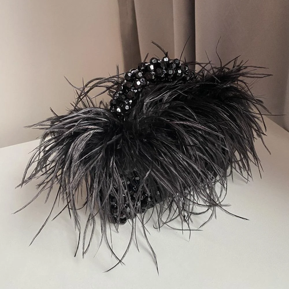 Pearl Bead Feather Fur Clear Acrylic Crystal Handbag - Glova