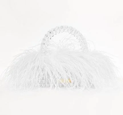 Pearl Bead Feather Fur Clear Acrylic Crystal Handbag - Glova