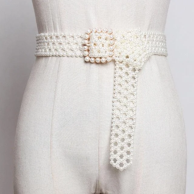 Pearl Beaded Long Wide Belt - Glova