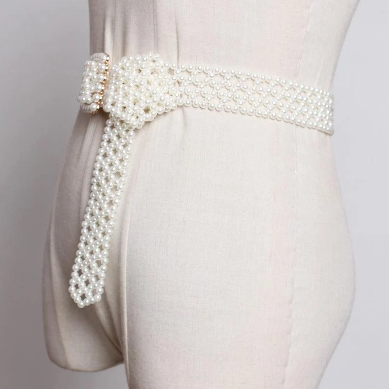 Pearl Beaded Long Wide Belt - Glova