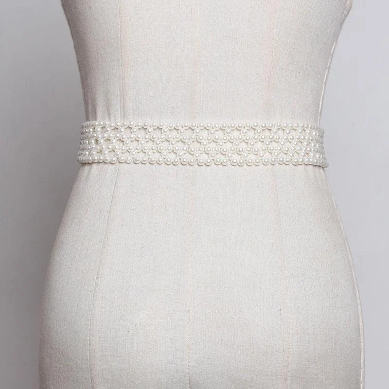 Pearl Beaded Long Wide Belt - Glova