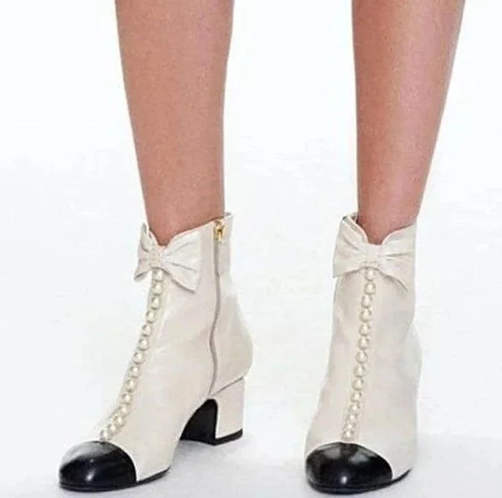 Pearl Bow knot Low Heel Ankle Boots Round Toe Zip Booties - Glova