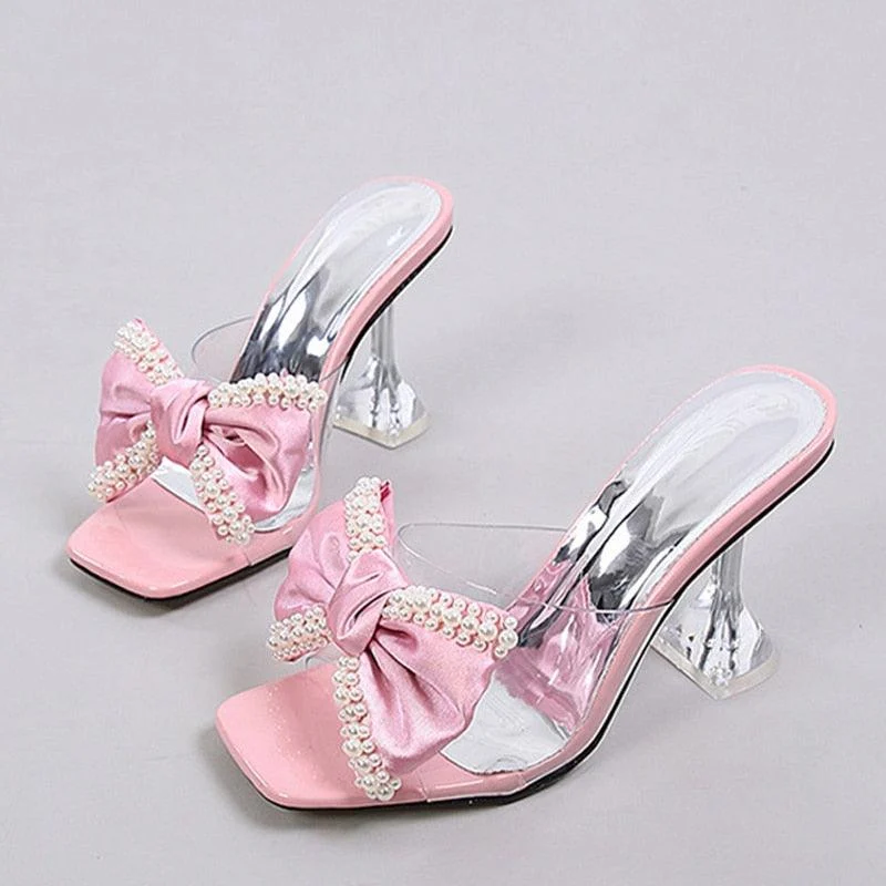 Pearl Bowknot High Heels PVC Transparent Sandals Shoes - Glova