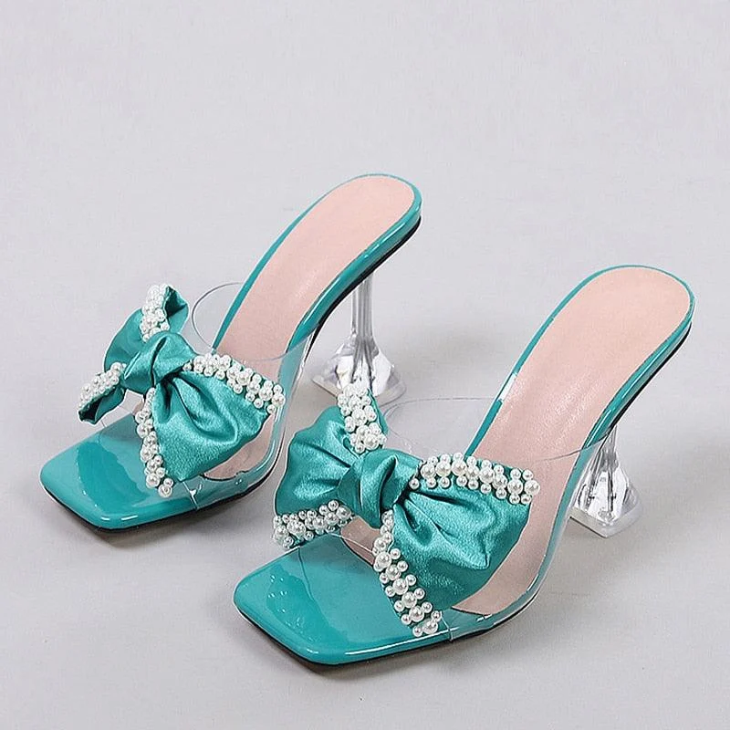 Pearl Bowknot High Heels PVC Transparent Sandals Shoes - Glova