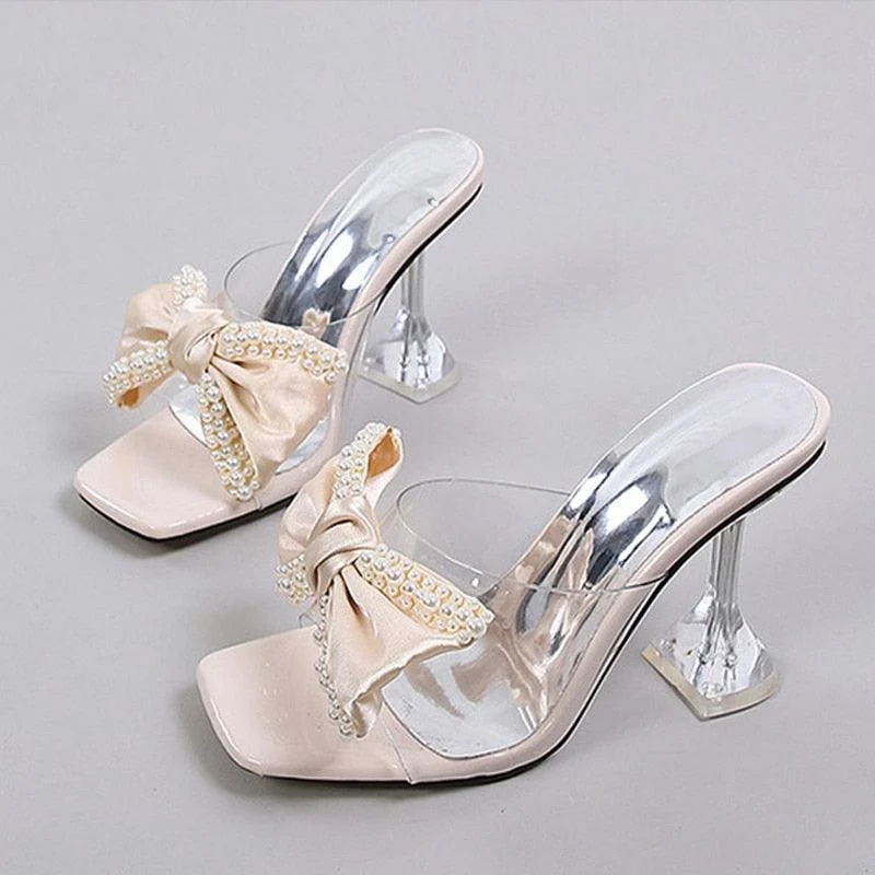 Pearl Bowknot High Heels PVC Transparent Sandals Shoes - Glova