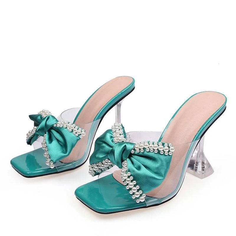 Pearl Bowknot High Heels PVC Transparent Sandals Shoes - Glova