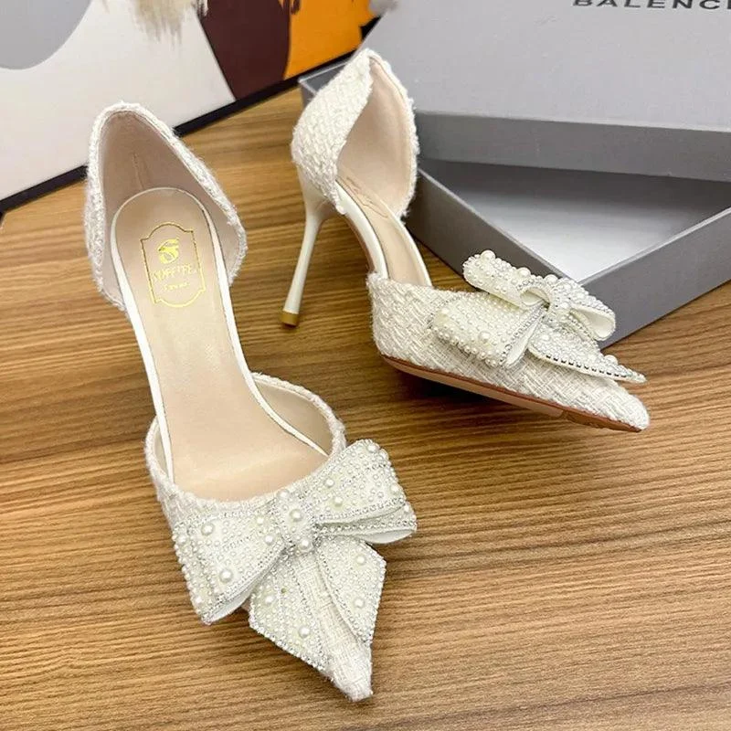 Pearl Crystal Bowtie Pumps Thin Heeled Party Shoes - Glova