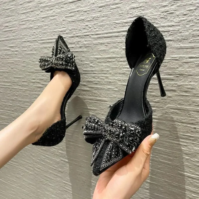 Pearl Crystal Bowtie Pumps Thin Heeled Party Shoes - Glova