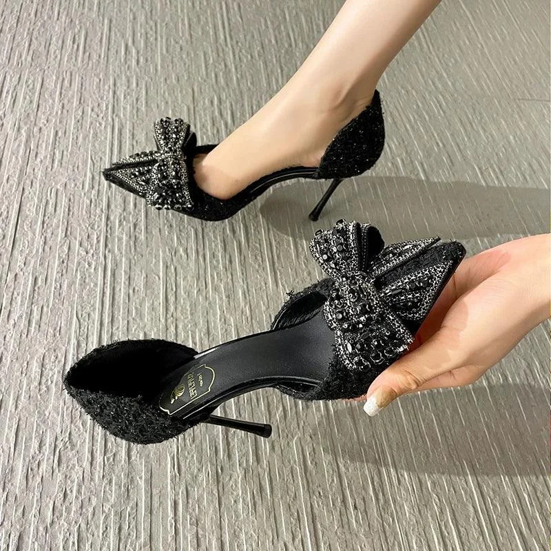 Pearl Crystal Bowtie Pumps Thin Heeled Party Shoes - Glova