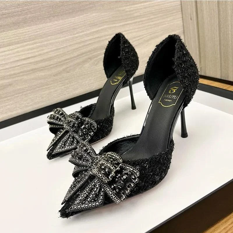 Pearl Crystal Bowtie Pumps Thin Heeled Party Shoes - Glova