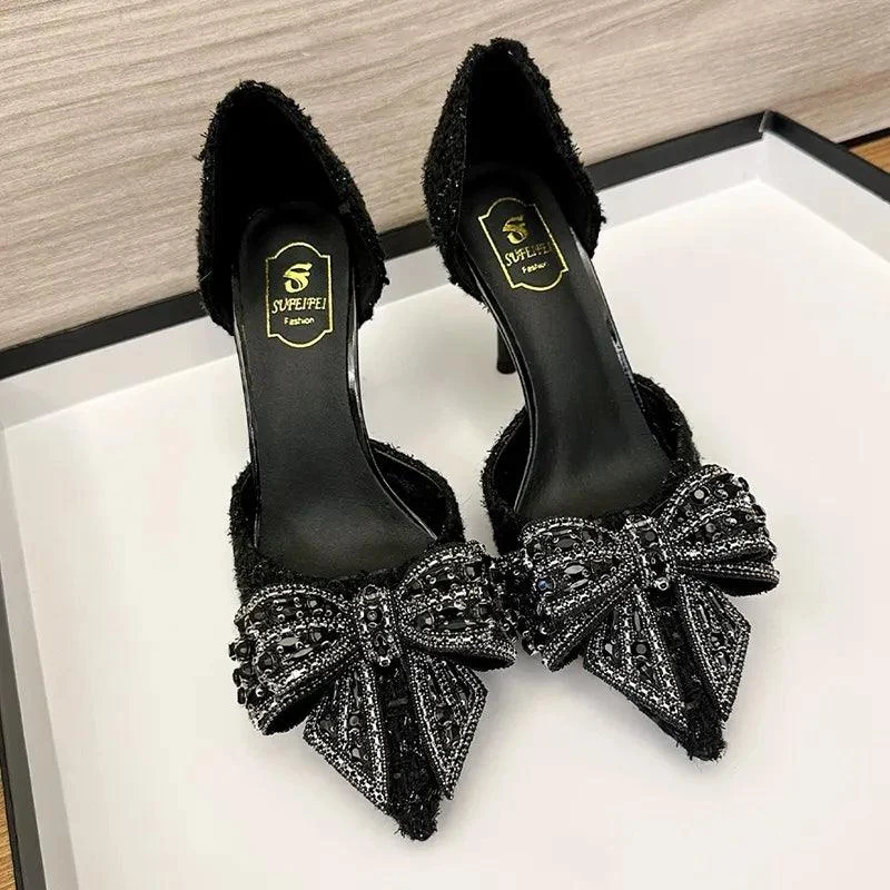 Pearl Crystal Bowtie Pumps Thin Heeled Party Shoes - Glova