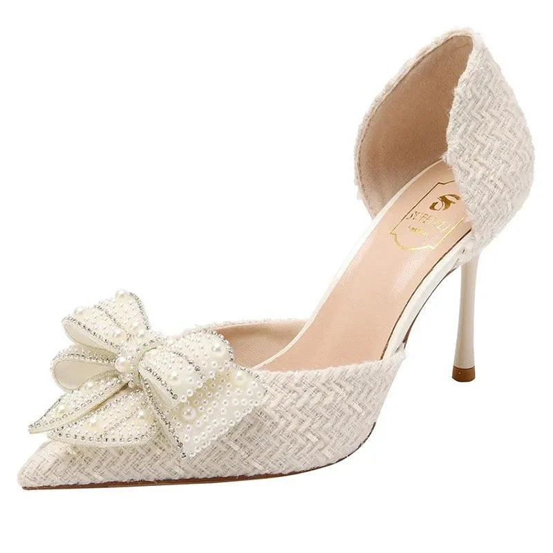 Pearl Crystal Bowtie Wedding Shoes Thin Heeled Shoes - Glova