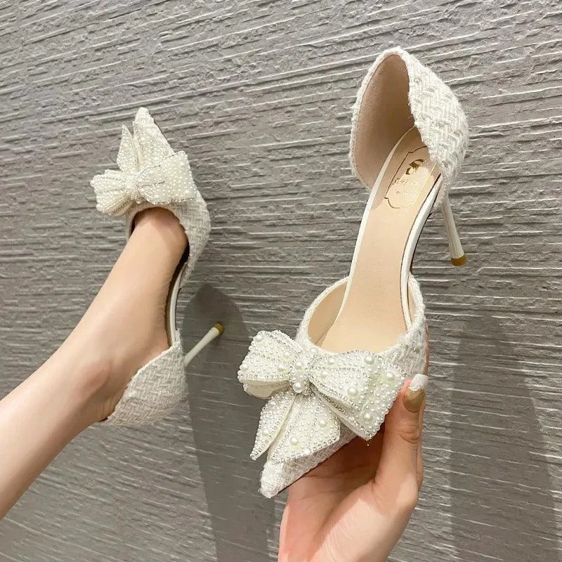 Pearl Crystal Bowtie Wedding Shoes Thin Heeled Shoes - Glova