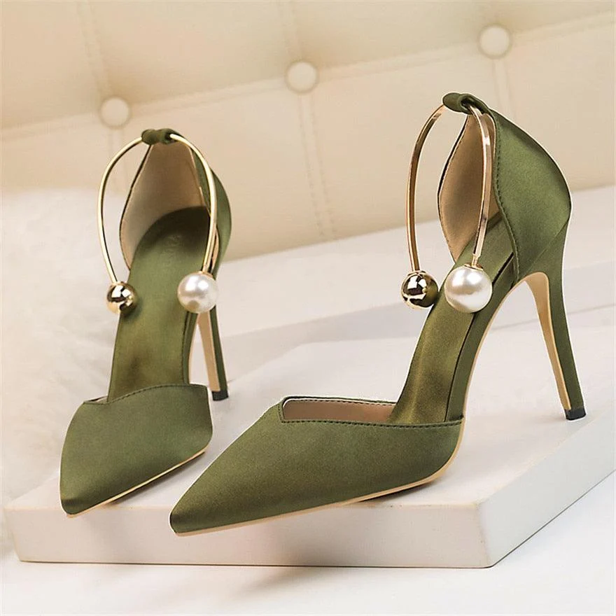 Pearl Metal Buckle High Heels Soft Silk Pump Shoes - Glova