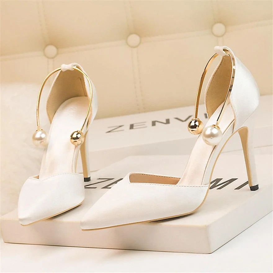 Pearl Metal Buckle High Heels Soft Silk Pump Shoes - Glova