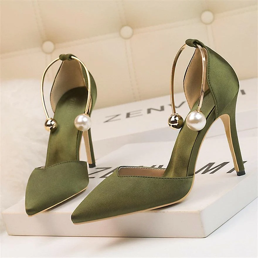 Pearl Metal Buckle High Heels Soft Silk Pump Shoes - Glova