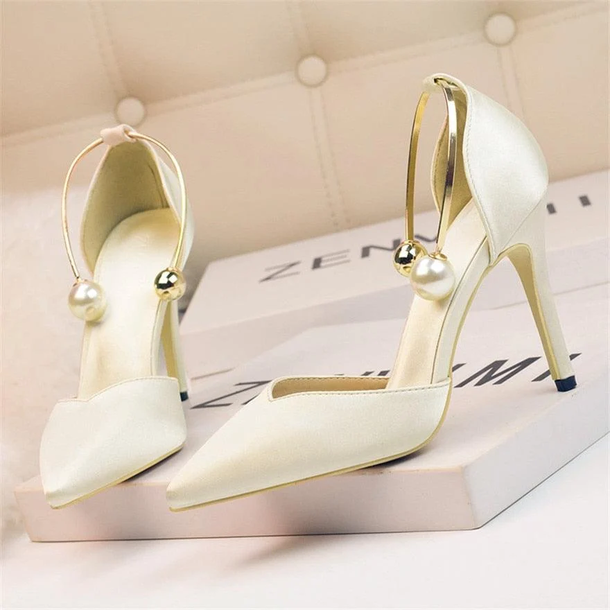 Pearl Metal Buckle High Heels Soft Silk Pump Shoes - Glova