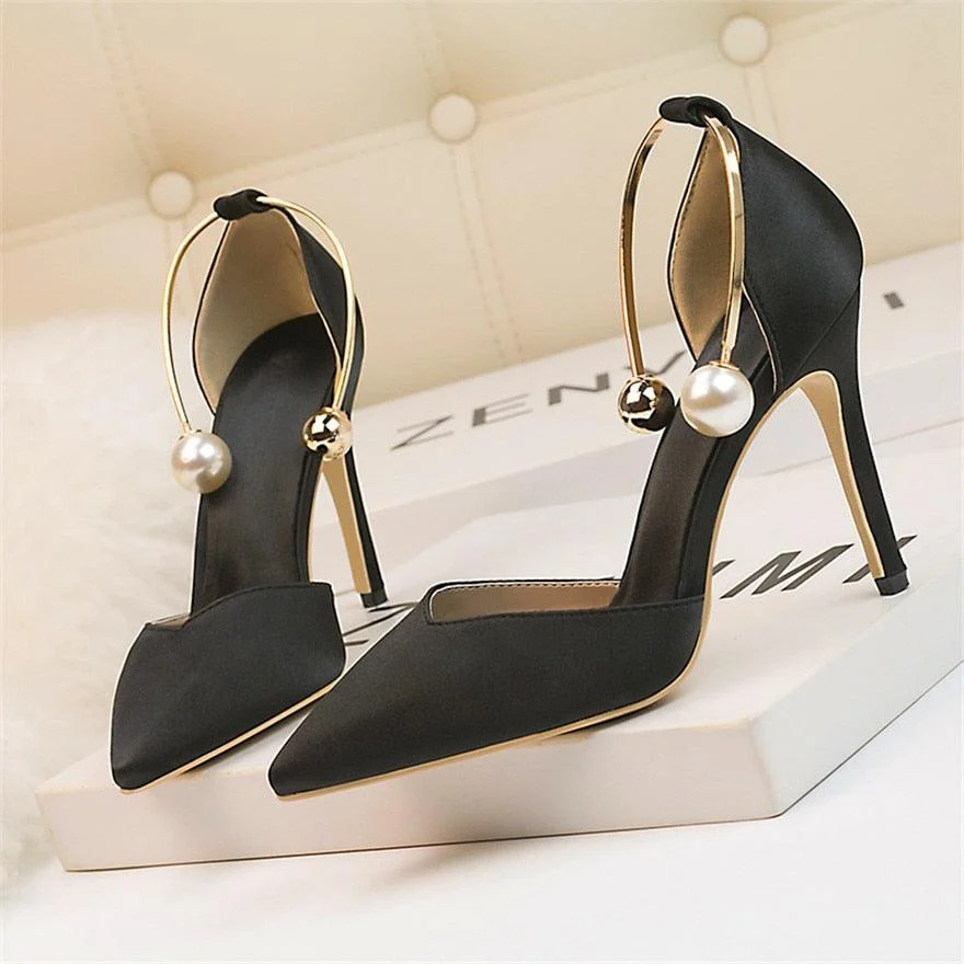 Pearl Metal Buckle High Heels Soft Silk Pump Shoes - Glova